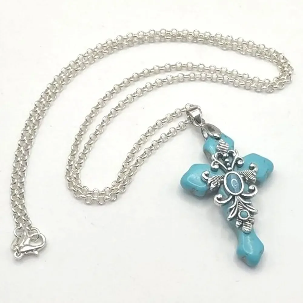 925 Silver Necklace W/ Turquoise Stone BOHO Cross Pendant Vintage Birthday NEW!